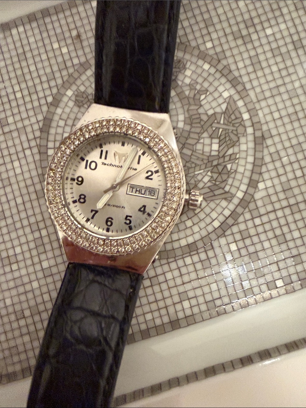 Technomarine Silver Dial Watch with Black Leather Strap and Crystal Bezel